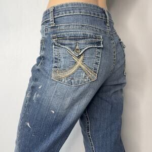 Y2K 00s Paint Splatter Straight Leg Mid Rise Jeans Flap Pockets Size 10